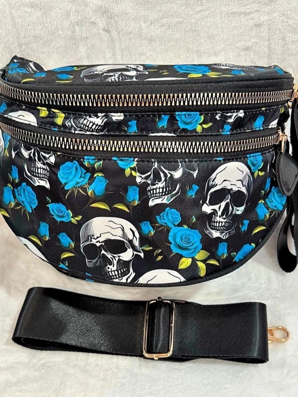 New Blue Rose & Skull Crossbody Bag w/ long strap size inclusive